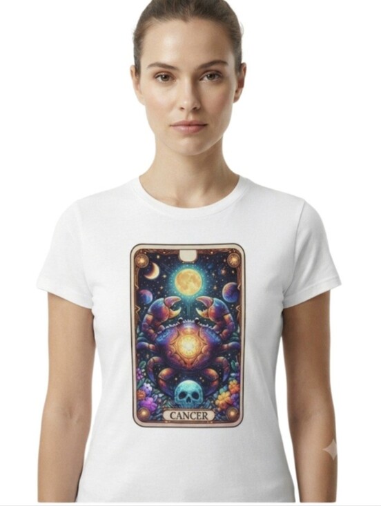 Upcycled Tops - Upcycled Cancer Zodiac Tarot DTF Graphic T-Shirt Size M Mystical Astrology Tee